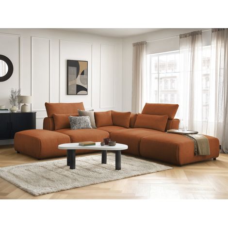 BOBOCHIC - Canapé d'angle fixe modulable avec têtières JANA tissu chiné avec 2 chauffeuses, 1 angle et 2 poufs Réversible  Orange
