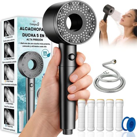 Shower Head with Filter - High Pressure Shower Head with 1.5 M Hose - 5 Anti-Limescale + PTFE Filters - 5 Spray Modes, Improves Water Quality, Water Saving - BPA Free