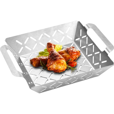 Cesta para asar Deluxe - Pequeña (22,5 x 18 cm), de acero inoxidable, resistente al calor, apta para lavavajillas, apta para todo tipo de barbacoas - Plateada (1/5)