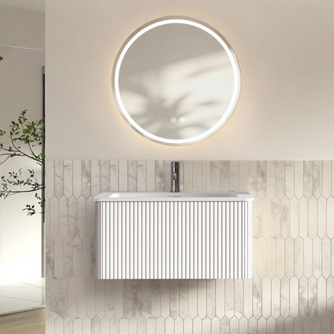 Hängendes Badmöbel-Set 80 cm mit Waschbecken und LED-Antibeschlagspiegel Weiß OKWISH (1/5)
