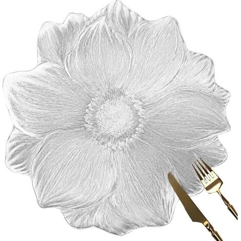 Ensemble de 6 sets de table ronds 39 cm, vinyle métallisé argenté à motif fleur de lotus pressée, pour repas, mariage, déc - Argenté (1/5)