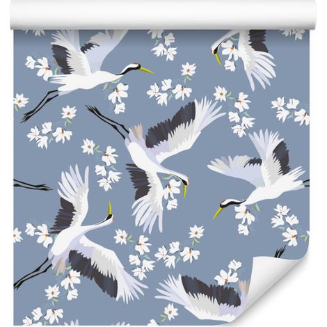 Papier peint Grues volantes parmi les fleurs pour salon et chambre 50x1000 cm (1/5)