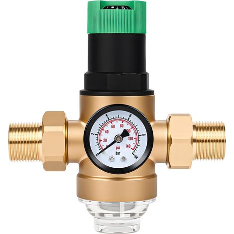 3/4 Inch Adjustable Water Pressure Reducer, Water Pressure Reducer with Filter and Pressure Gauge, Brass, for Filtering Impurities in Water (1/5)