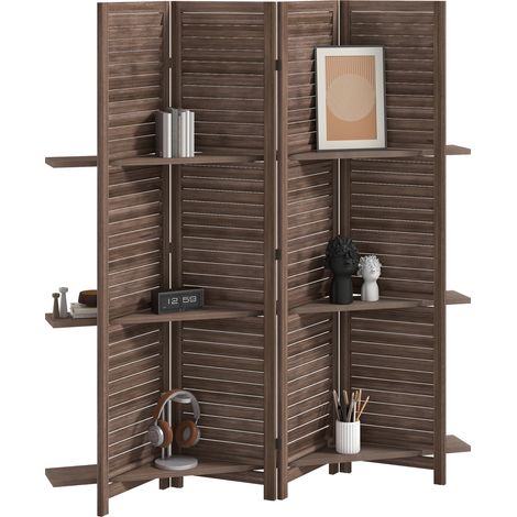 Divisorio in legno a 4 pannelli, 160 x 170 cm, paravento pieghevole con 3 ripiani, noce