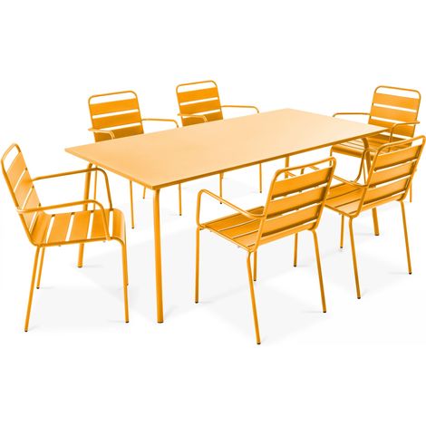 Ensemble table de jardin et 6 fauteuils en métal jaune - Palavas