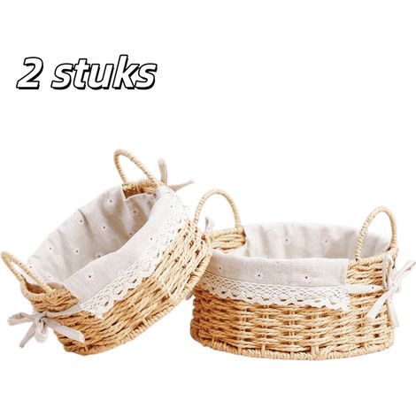 Lot de 2 paniers de rangement ronds tressés avec poignées en imitation rotin pour en-cas cosmétiques et objets décoratifs jaune