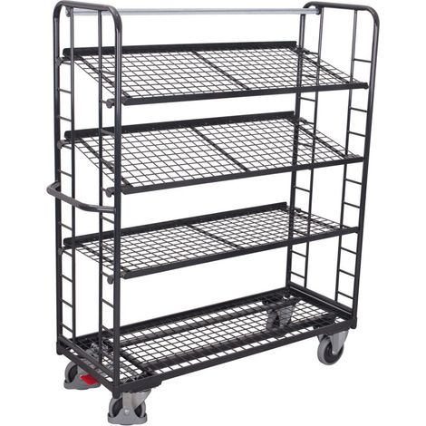 VARIOfit Etagenwagen mit vergitterten Seiten, Rohrschiebegriff und 3 neigbaren Drahtgitterböden 1355x550mm Anthrazitgrau RAL 7016
