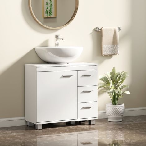 REDOM Meuble sous lavabo 70x30x64 cm, 2 étagères, 3 tiroirs, découpe en U 19x22 cm, fermeture douce, MDF blanc (1/5)