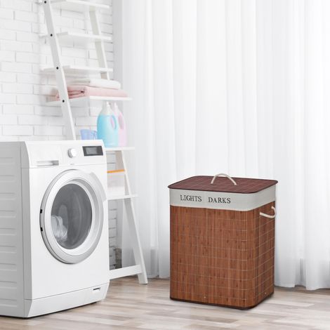 Cesto de ropa de bambú, estrecho, con tapa, capacidad de 100 L, cesto de ropa con asas, 2 bolsas de ropa extraíbles, cestas de ropa, caja de ropa para lavandería, dormitorio, baño, marrón