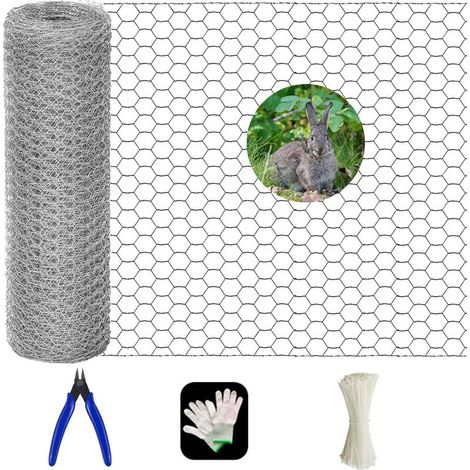 0,4 x 10 m grillage hexagonal galvanisé pour cage à poulets, clôture de jardin, filet à volaille, avec pince coupante, gants et 50 attaches de câble (1/5)