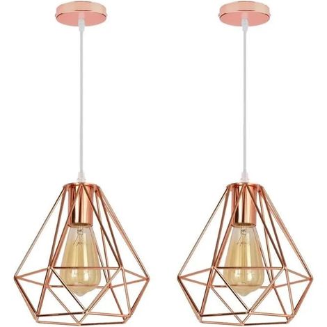 U-Do 2Pcs Lustre Suspension illuminé design Vintage Lampe Cage forme Diamant en Métal Or Rose E27 20CM décoration Chambre Salon (1/4)