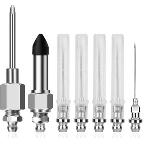 Kit d'accessoires 7 pièces pour pistolet graisseur à aiguille, comprenant 5 embouts à aiguille, 1 distributeur, 1 adaptateur en caoutchouc, 1 injecteur de graisse et un connecteur à pointe fine pour e (1/4)