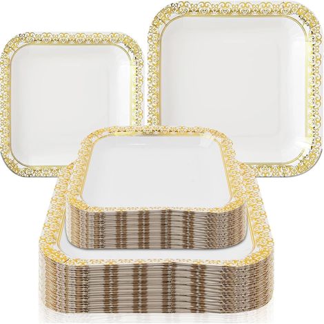 Lot de 100 Assiettes en Papier à Bord Doré, 50 Assiettes de 23 cm et 50 Assiettes à Dessert de 18 cm, Design Élégant à Bord Doré, Jetables et Résistantes pour Mariage, Fête, Anniversaire, Barbecue (1/5)