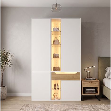 MODFU – Armoire 122x50x200 cm panneaux particules/MDF/verre – Vitrine, 2 LED, penderie et tiroir – 12 compartiments et charge 30/20 kg – Chambre – Blanc (1/5)