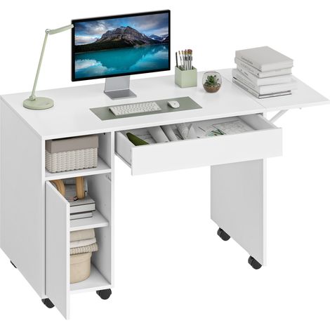 Bureau d'ordinateur sur roulettes, table de bureau avec abattant, tiroir, placard et compartiment, 130 x 58 cm, blanc (1/5)