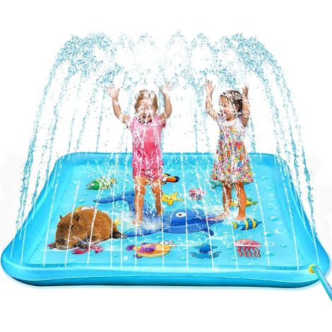 170CM Carré Tapis de Jeu d'eau Splash, Baleine Hippocampe Crabe Poisson Motifs Tapis D'arrosage Été Jardin Extérieur Jouets à Eau à Jet d'eau pour Enfants Animaux Familiales Activités (1/5)