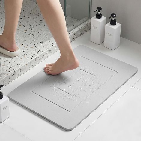 Tapis de Bain Diatomite Pierre 60 x 39 cm Tapis Salle de Bain Absorbant et Antidérapant Rigide Tapis de Douche Séchage Rapide pour Baignoire et Sol Tapis Égouttoir Cuisine Blanc Gris (1/5)