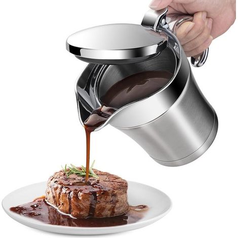 Saucière Acier Inoxydable – Saucière Isolée Double Paroi 450 ml – Acier Inoxydable avec Finition Satinée – Couvercle Rabattable & Versement sans Gouttes – Pour Sauces, Lait, Pudding et Crème – Résista (1/5)