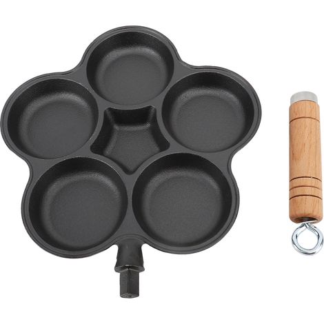 Poêle à œufs en fonte à 5 trous, chauffe rapidement, fond épais, durable, pour le petit-déjeuner, convient aux plaques de cuisson à gaz et à induction. (1/5)