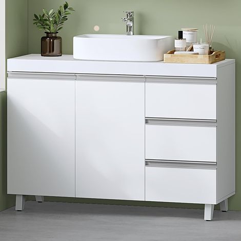 Meuble sous lavabo blanc avec 2 portes et 3 tiroirs – Rangement spacieux – Dimensions 30x90x64 cm – Panneau de particules robuste