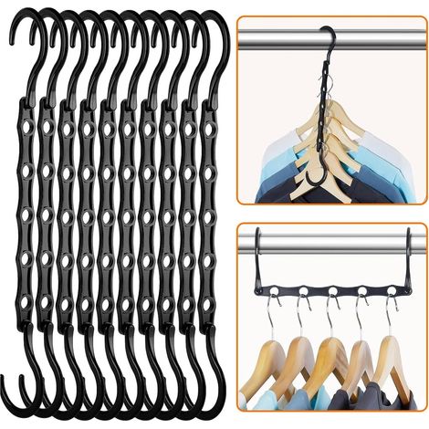 10 Pcs Cintres Gain de Place avec 5 Trous, Cintre Magiques Multiple en Plastique Noir, Crochets de Placard Multifonctionnel, Organisateur Rangement Vêtements pour Chemises, Costumes, Pantalons, Robes (1/5)