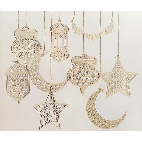 9 Pices Ornements Pendentif En Bois Dcoration Creuse Ramadan Kareem Ornement De Pendentif En Forme De Lumire De Vent Toile Lune Pendentif Suspendu (1/5)