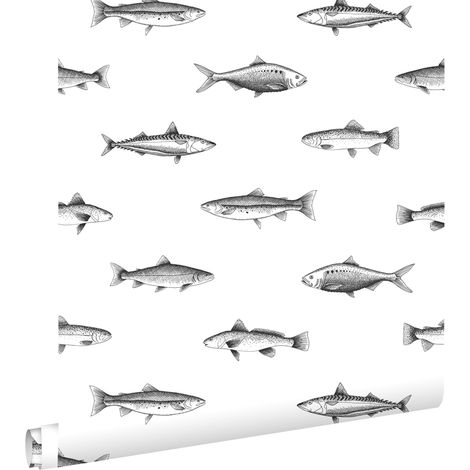 papier peint poissons blanc et noir  - ESTAhome