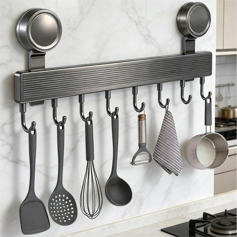 Barre de Cuisine Ustensile Sans Perçage Avec Ventouse, Sans Perforation Porte Ustensiles Cuisine Mural, Espace Aluminium Porte Ustensiles Mural, Crochet Amovible pour Cuisines, Salle de Bains, Chambre (1/5)