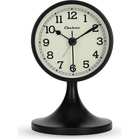 Lautloser analoger Wecker aus schwarzem Metall mit abnehmbarem Ständer, antiker Retro-Stil, kein Ticken. (1/4)