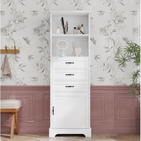 Meuble de salle de bain 56 x 25,6 x 167 cm, MDF laqué, 3 tiroirs, blanc, REDOM (1/5)