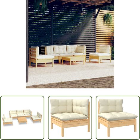 Terrassensofa - 6-tlg. Garten-Lounge-Set mit Creme Kissen Massivholz Kiefer (1/5)