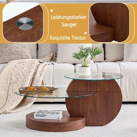 Table basse moderne en verre trempé double étage, design minimaliste, pieds en MDF aspect noyer, structure robuste, choix multiple de coloris, meuble salon élégant. (1/5)