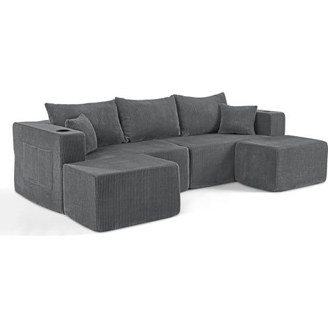 Divano angolare modulare 3 posti in tessuto ciniglia grigio con 2 pouf (1/5)