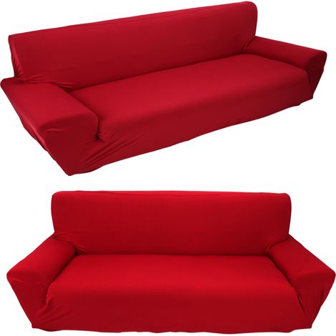 Housse de canapé extensible 3 places, uni rouge bordeaux, tissu stretch qualité premium, protège-salon antidérapant, tailles ajustables pour canapé droit ou d'angle. (1/3)