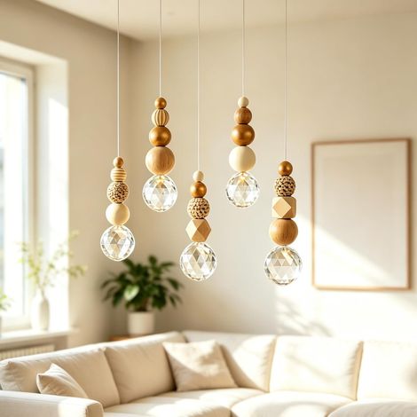 Lot de 5 attrape-soleil en cristal pour fenêtre - Avec boule de cristal et perles en bois - Jeu de lumière arc-en-ciel - Décoration de fenêtre scandinave pour salon et chambre à coucher (1/5)