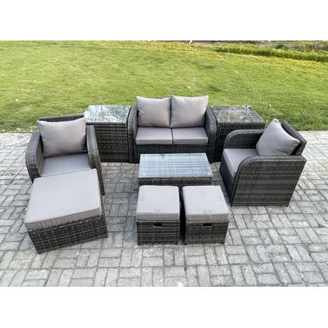 Fimous Wicker PE Rattan Outdoor Möbel Set Garten Liebe Sofa Couchtisch 2 Sessel 3 Hocker 2 Beistelltische Dunkelgrau Gemischt (1/5)
