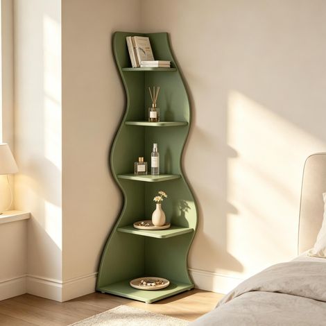 Étagère d’angle 5 niveaux en bois vert, étagères réglables en hauteur, meuble de rangement peu encombrant pour livres, décoration et dossiers, bureau ou salon – CHICFURN (1/5)