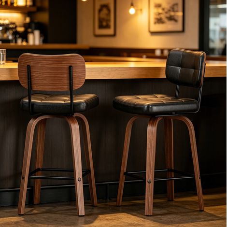 Set of 2 Tabouret de bar pivotant avec dossier ergonomique, structure métal et bois, revêtement PU - noir (1/5)