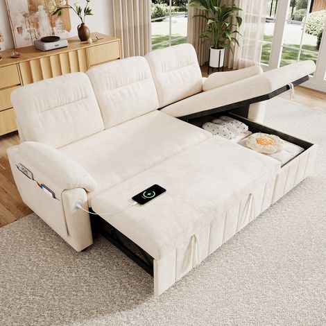 Canapé convertible d'angle en L avec lit extensible,USB/Type-C,vano portaoggetti,Canapé modulable 3 places avec méridienne réversible,chenille,Beige (1/5)