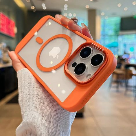 (iPhone 16 Pro, Orange) Coque Magsafe avec cadre thermique pour iPhone, coque arrière de protection transparente en acrylique.