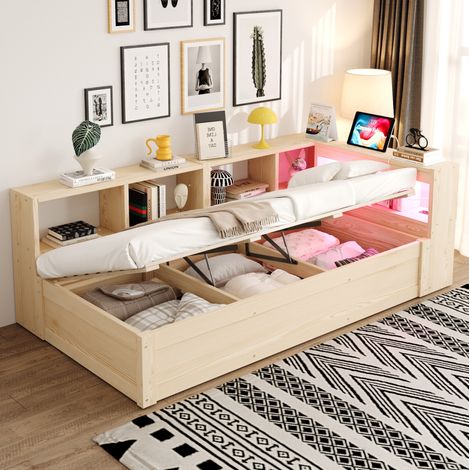 Letto multifunzione moderno 90x200 cm in MDF effetto legno naturale, con testiera LED, presa integrata e vano contenitore (1/5)