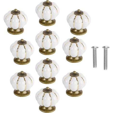 Lot de 10 boutons de porte vintage en céramique en forme de citrouille pour placard, tiroir, placard, décoration d'intérieur - Blanc (1/5)