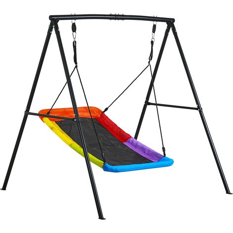 Mophorn Gartenschaukel mit stabilem A-förmigem Metallgestell, Schaukelsitz (150 x 81 cm), Belastbarkeit bis zu 199,6 kg, Outdoor-Schaukelset mit spiralförmigen Bodenankern, farbenfrohe Kinderschaukel (1/5)