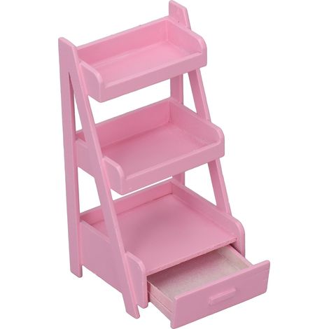 Étagère à fleurs pour maison de poupée à l'échelle 1:12, 3 niveaux, en bois de bouleau, fabriquée à la main, avec tiroir de rangement, rose. (1/5)