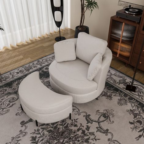 Drehstuhl mit Chenillebezug, 360 Grad drehbar, mit 3 Kissen, Massivholz und Sperrholz, Beige (1/5)