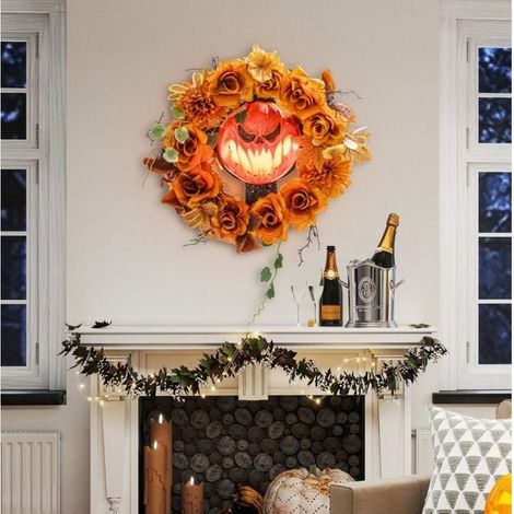 Couronne Halloween lumineuse à citrouille, 44 LED - YEAVIO - en acier et polyester, orange, 44 × 9 × 44 cm (1/5)