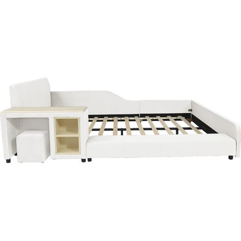 Cama infantil tapizada 140x200 cm con escritorio, taburete y estantería, terciopelo blanco MODENUIT (1/5)