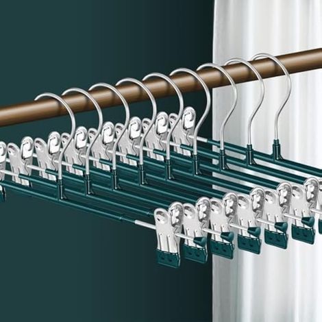 Lot de 10 cintres réglables de 35,6 cm avec clips pour jupes et jupes pour femmes, cintres antidérapants pour jeans, shorts, vêtements pour pantalons, robustes et peu encombrants, vert (1/5)