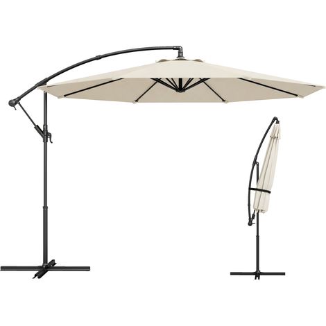 Exzentrischer Sonnenschirm Ø 300 cm mit Kreuzfuß, verstellbarem Schirmdach und Kurbel, UPF 30+ für Terrasse und Balkon, Weißcreme