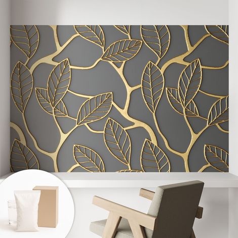 Papier peint intissé mural avec colle pour salon et chambre Décoration murale rapide - Colle incluse gratuite Feuilles élégantes 104x70 cm (1/5)